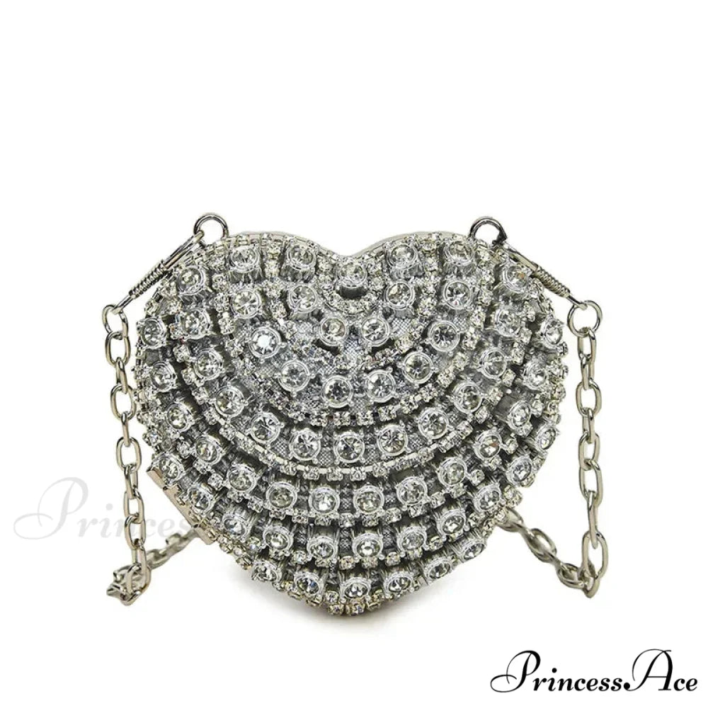 High-end Small Diamond Heart Shape Crystal Clutch Purse Silver clutchbag-250126
