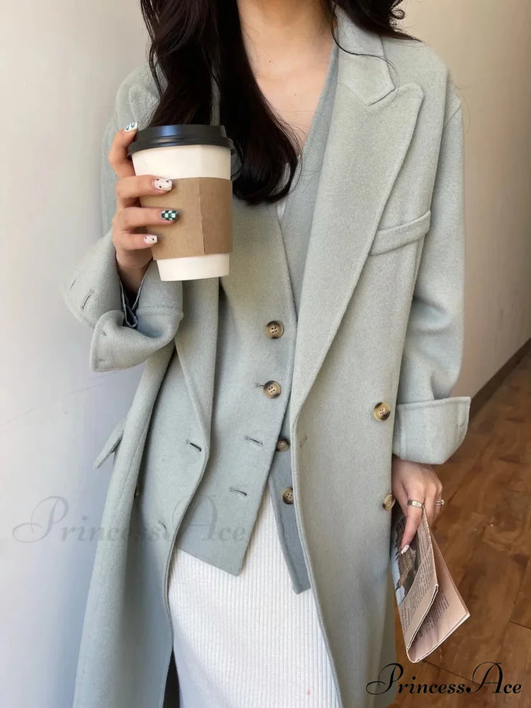 High-end Wool Cashmere Reversible Overcoat Light Blue / One Size overcoats-241228