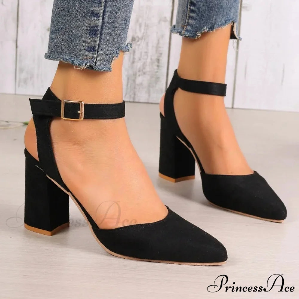 High Heel Pointed Summer Trend Fashion Suede Chunky Shallow Sexy Low Heel Pump Black / 35