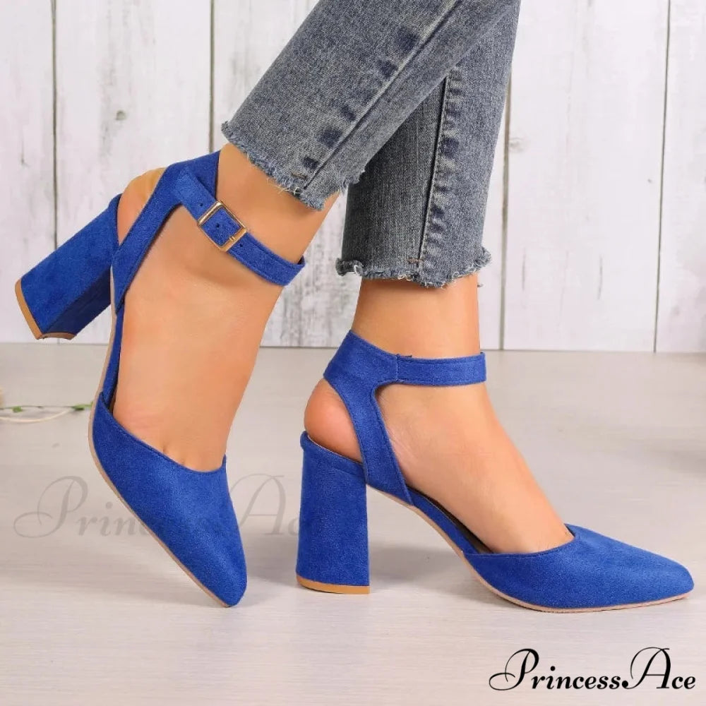 High Heel Pointed Summer Trend Fashion Suede Chunky Shallow Sexy Low Heel Pump Blue / 35