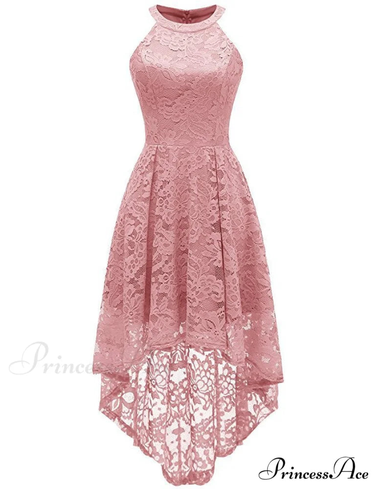 High Low Halter Neck Backless Dress with Lace S / Black