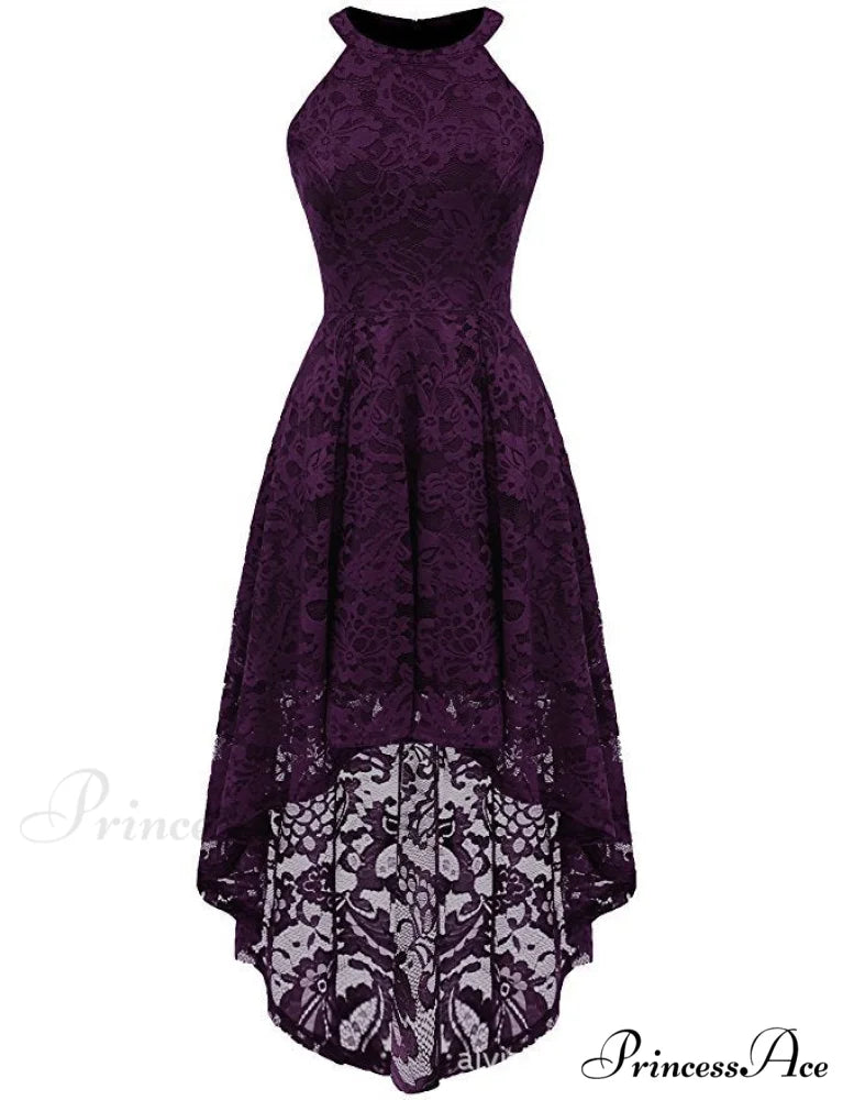 High Low Halter Neck Backless Dress with Lace S / Navy
