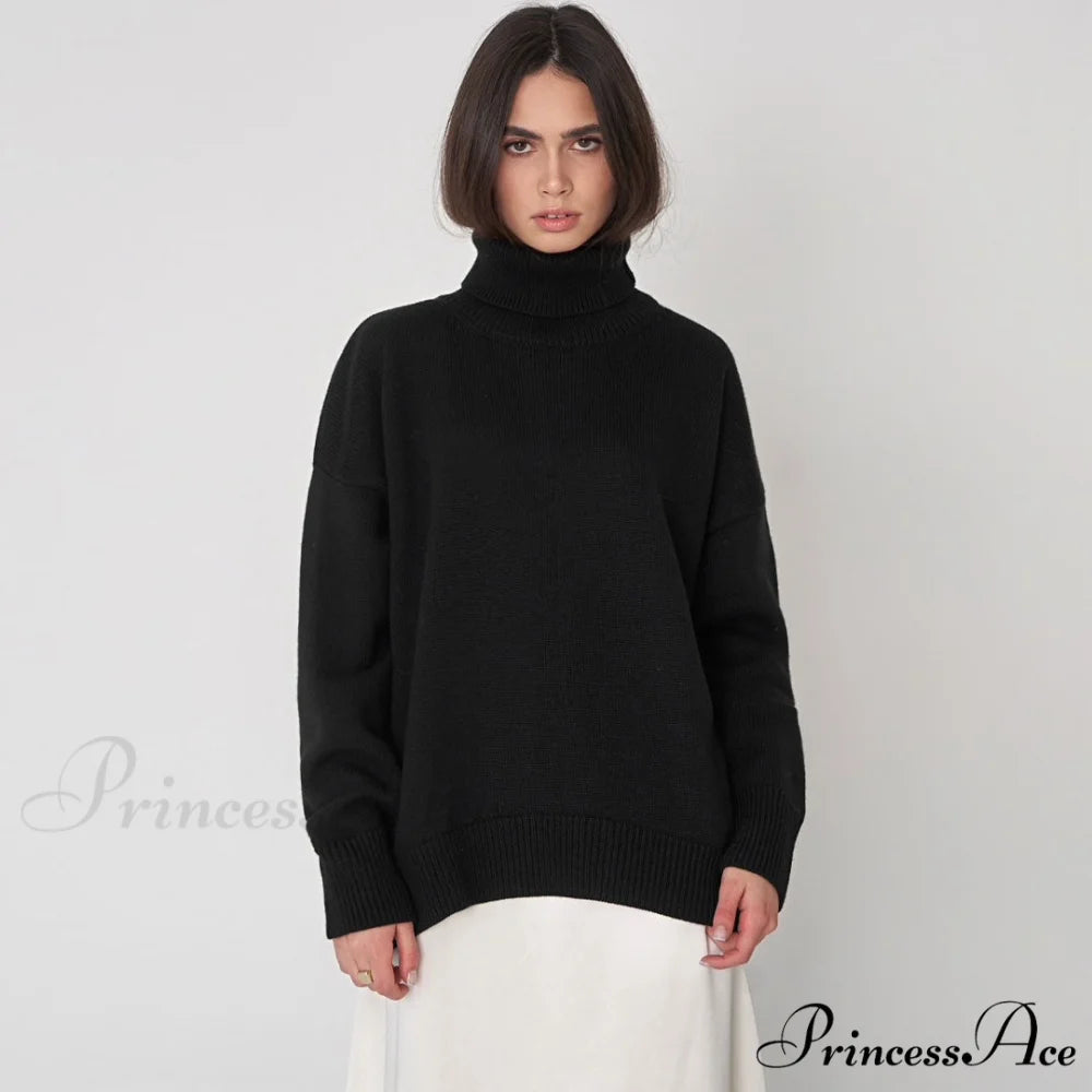 High Low Turtleneck Long Modern Sleeve Sweater - Baby Blue One Size / Black