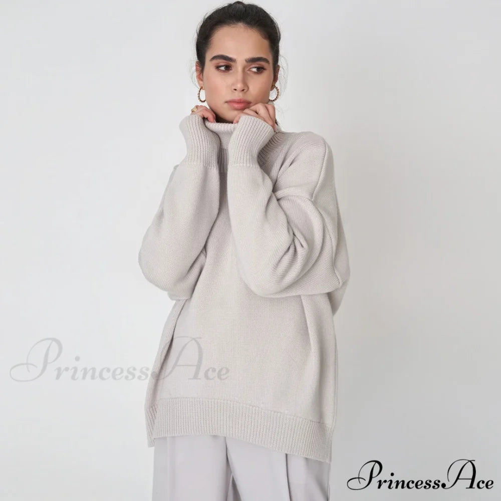 High Low Turtleneck Long Modern Sleeve Sweater - Black One Size / Gray