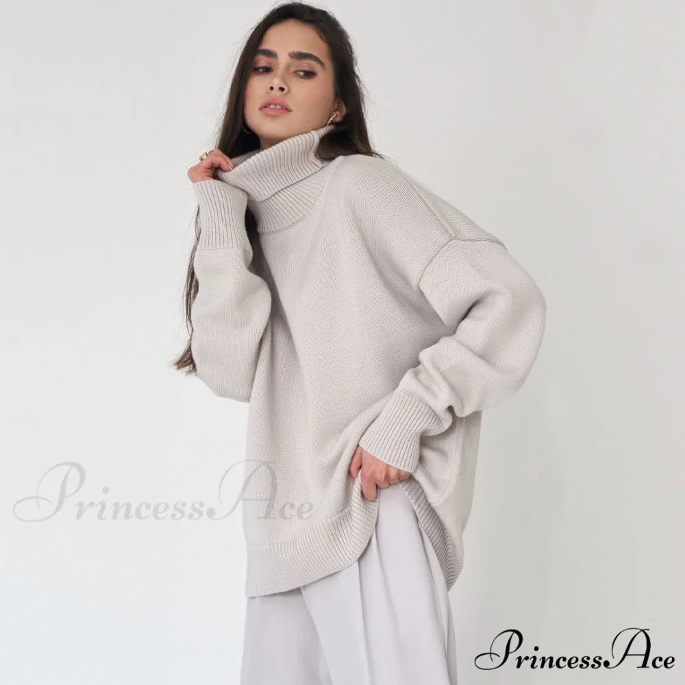 High Low Turtleneck Long Modern Sleeve Sweater - Black One Size / Gray