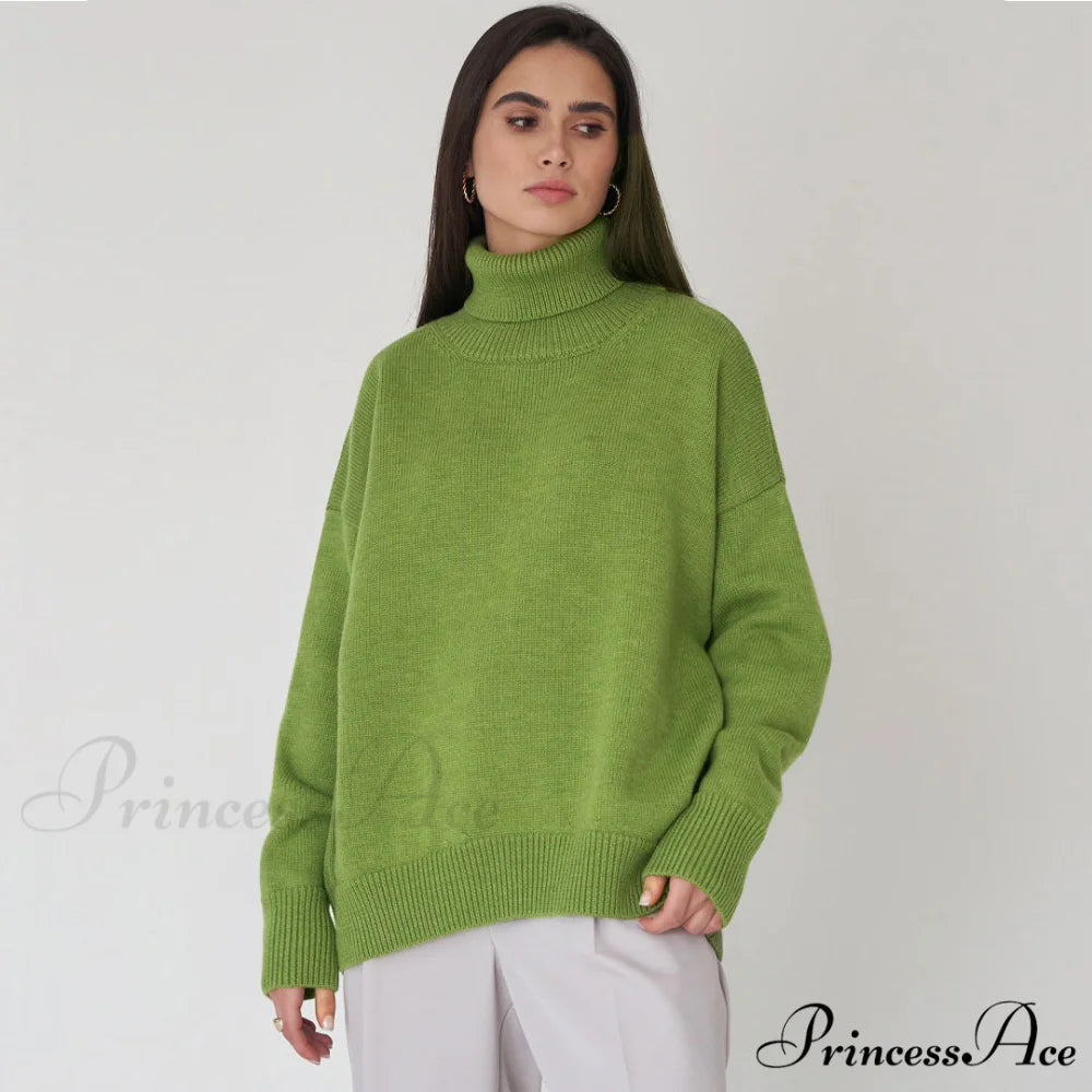 High Low Turtleneck Long Modern Sleeve Sweater - Gray One Size / Olive