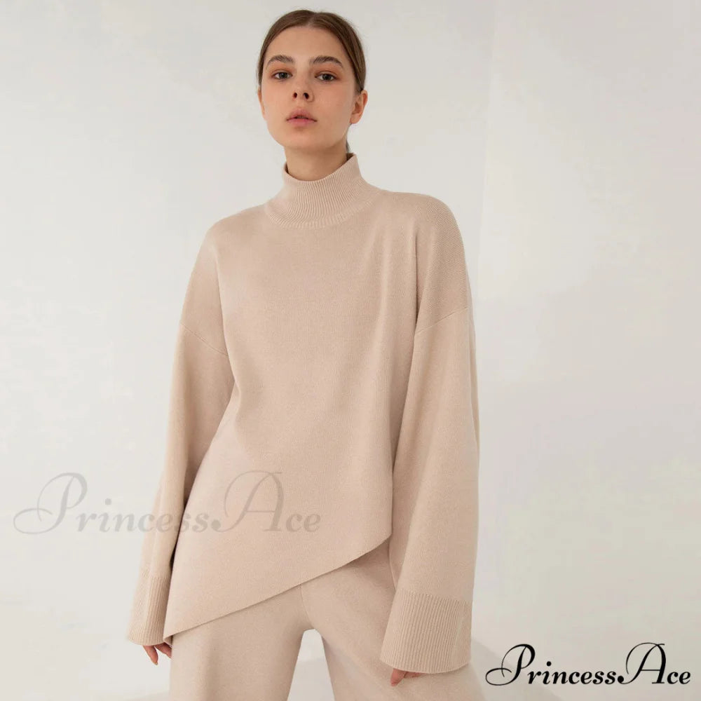 High Low Turtleneck Long Modern Sleeve Sweater - White L / Apricot