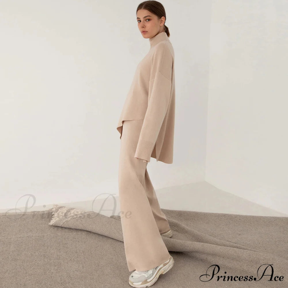 High Low Turtleneck Long Modern Sleeve Sweater - White M / Apricot