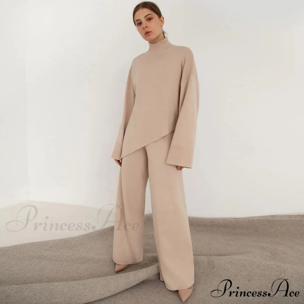 High Low Turtleneck Long Modern Sleeve Sweater - White S / Apricot