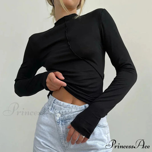 High-neck 2000s Long Sleeve Informal Fitted Knit Top Black / S knittop-250126