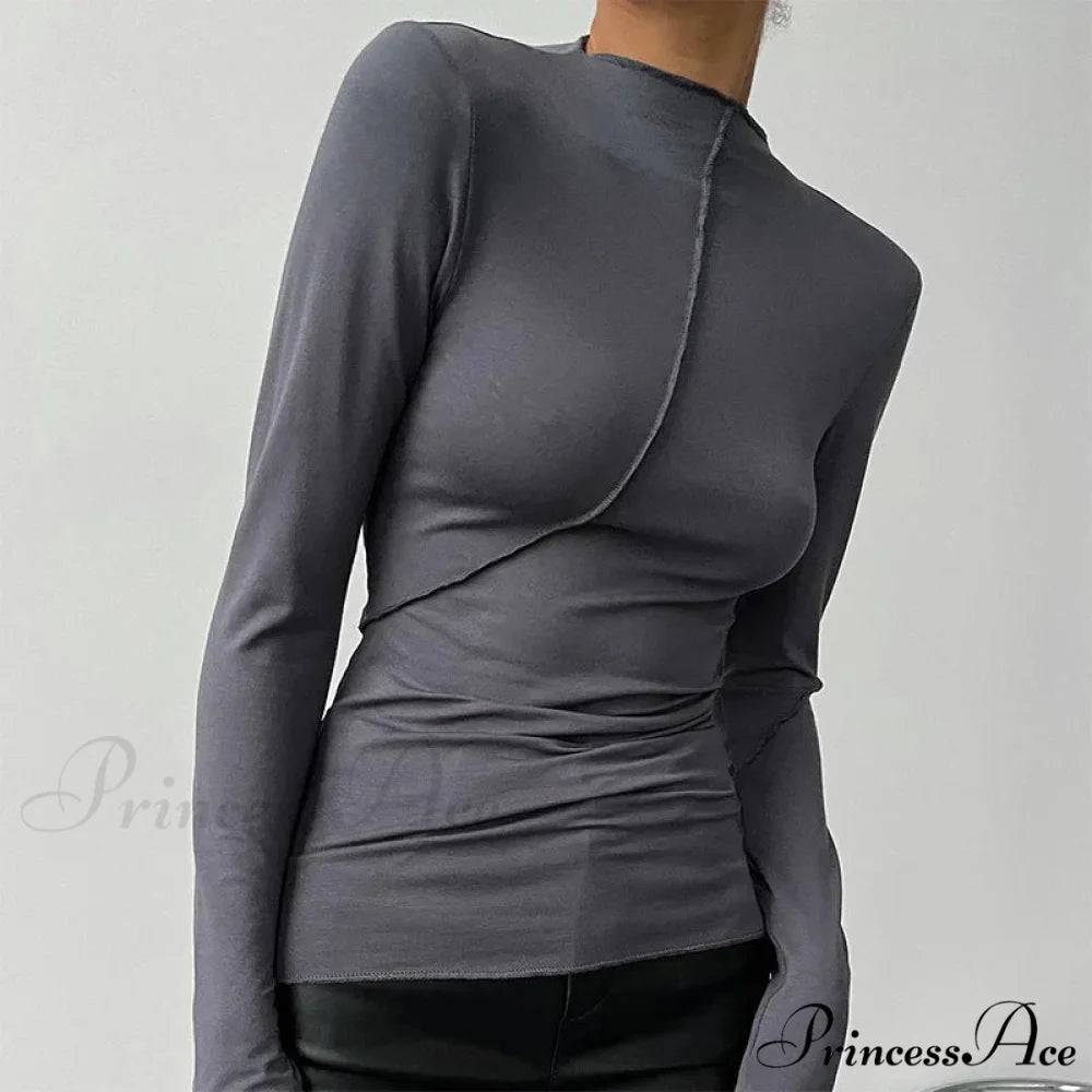 High-neck 2000s Long Sleeve Informal Fitted Knit Top Dark Grey / S knittop-250126