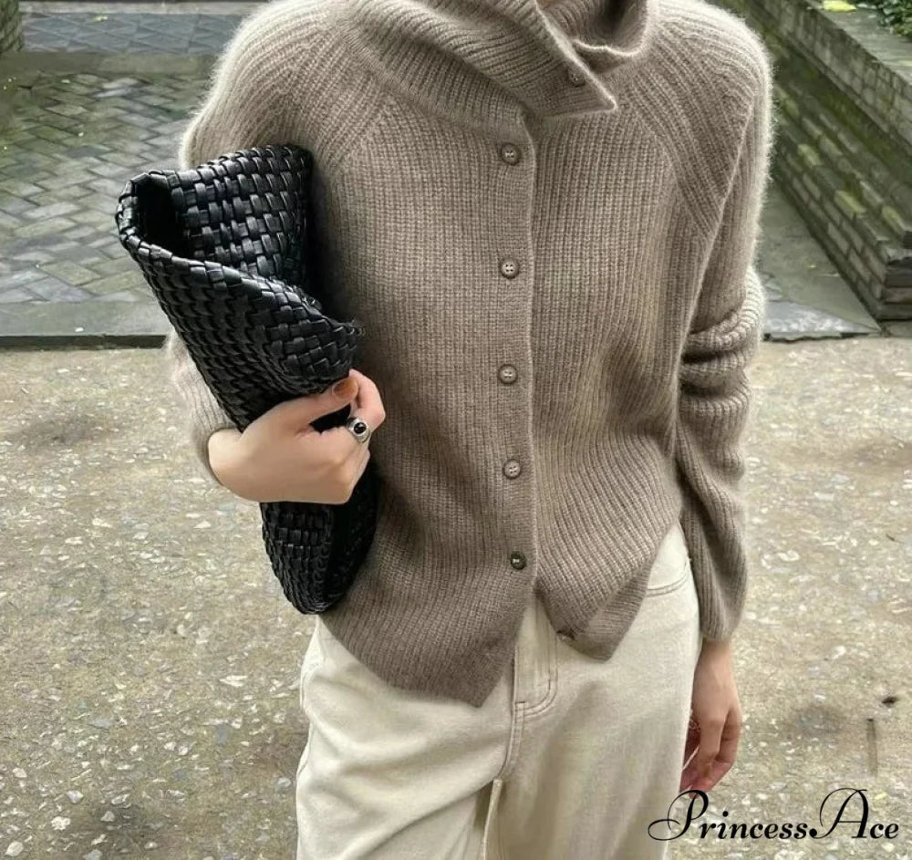 High-neck Baggy Button-up Sweater Camel / One Size cardigans-241228