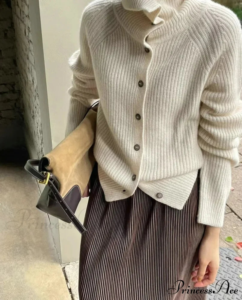 High-neck Baggy Button-up Sweater WHITE / One Size cardigans-241228