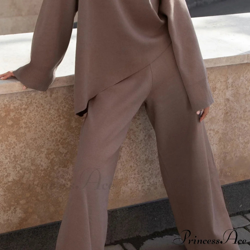 High Neck Bell Sleeve Sweater Wide Sophisticated Leg Pants Matching Set - Apricot L / Caramel