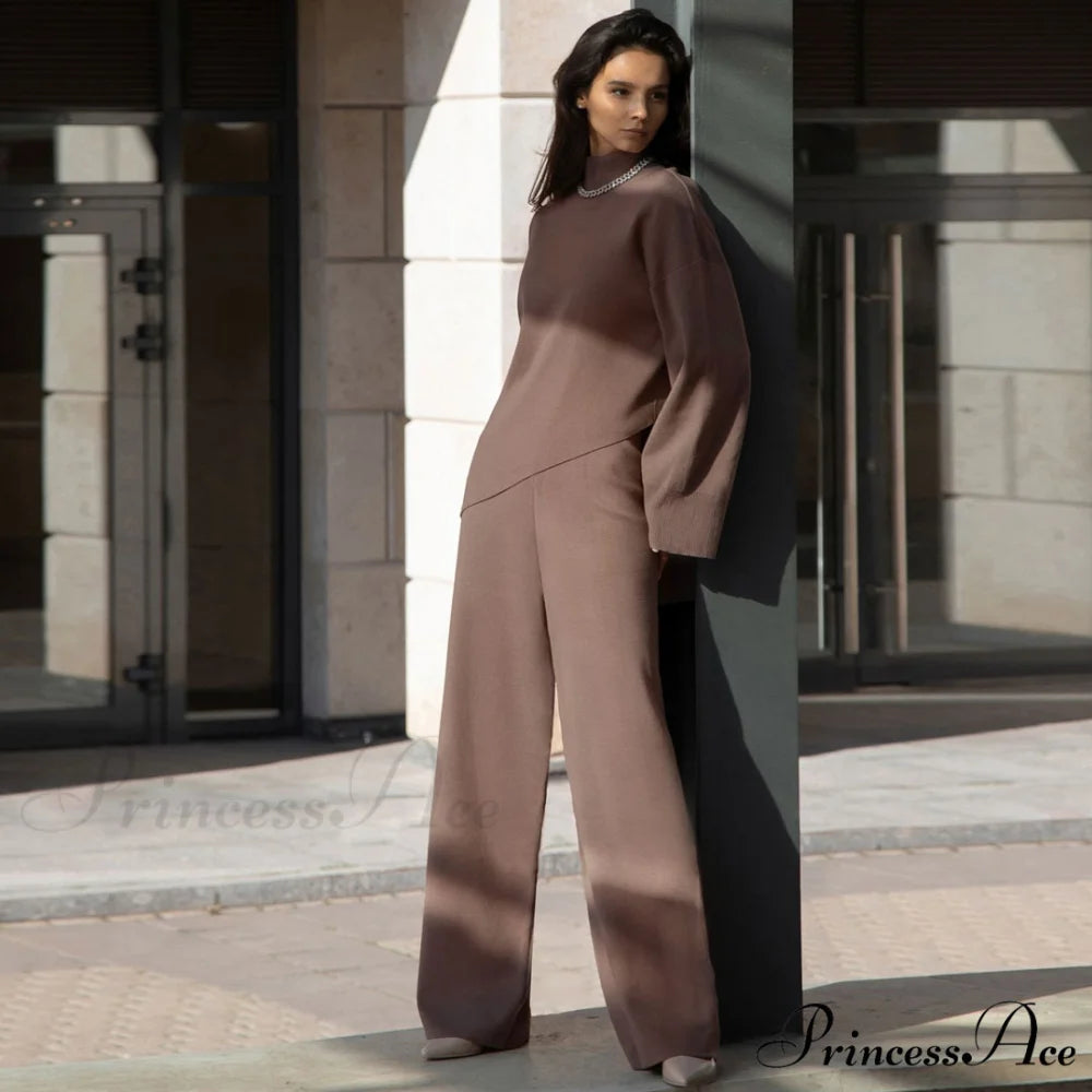 High Neck Bell Sleeve Sweater Wide Sophisticated Leg Pants Matching Set - Apricot S / Caramel