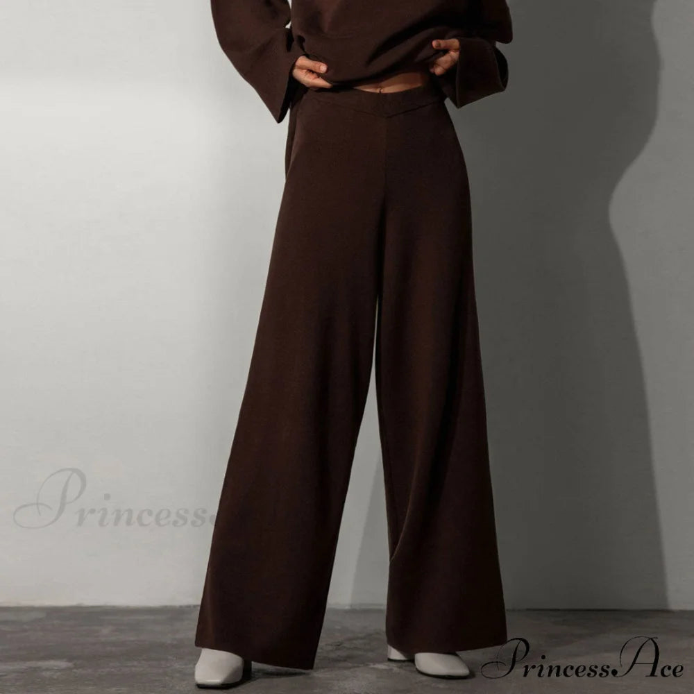 High Neck Bell Sleeve Sweater Wide Sophisticated Leg Pants Matching Set - Caramel L / Chestnut