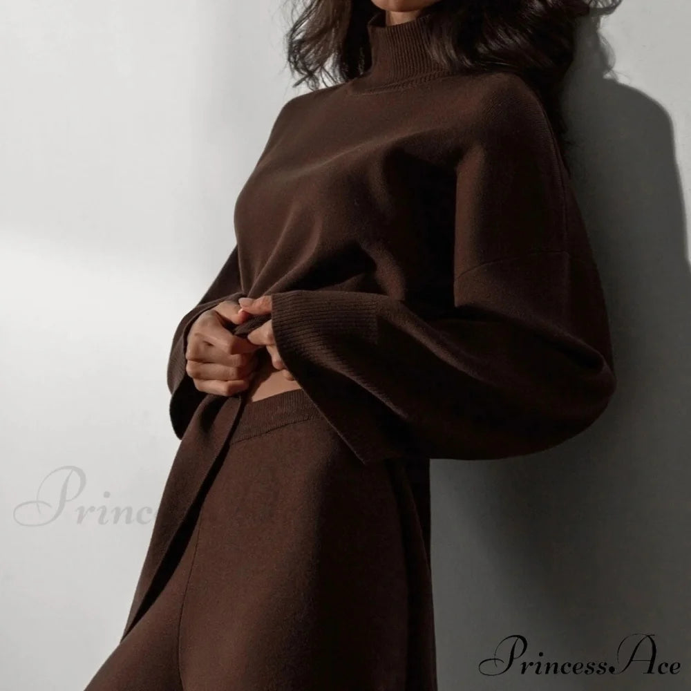 High Neck Bell Sleeve Sweater Wide Sophisticated Leg Pants Matching Set - Caramel M / Chestnut