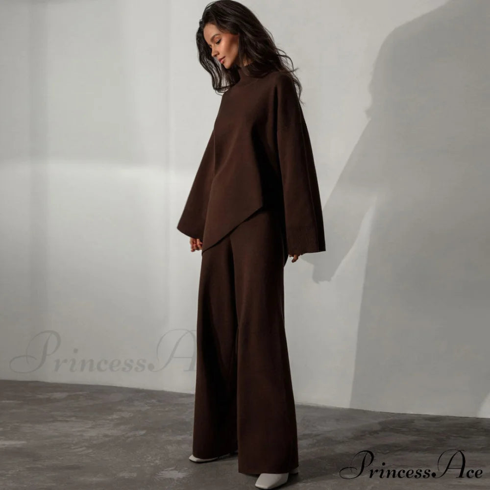 High Neck Bell Sleeve Sweater Wide Sophisticated Leg Pants Matching Set - Caramel S / Chestnut