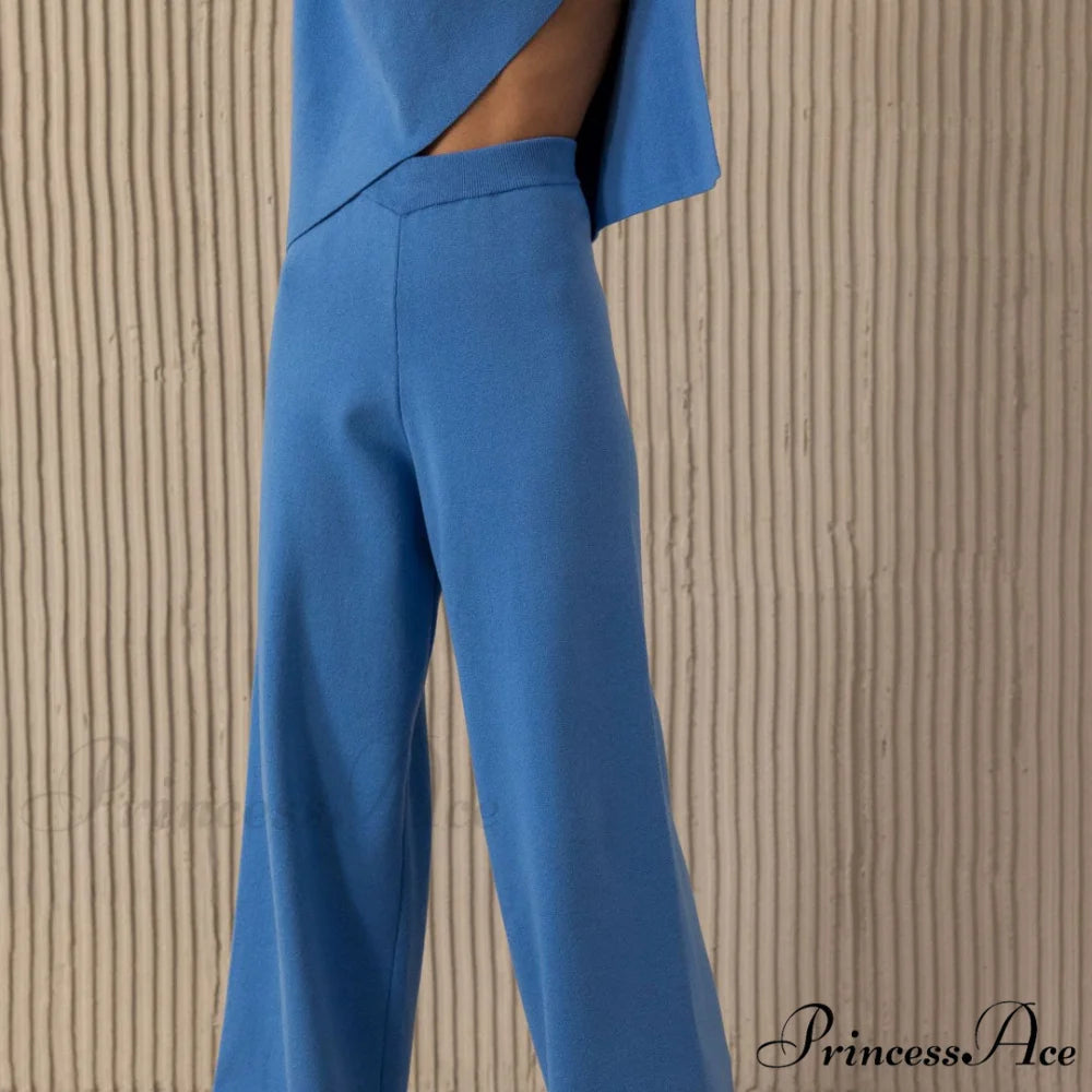 High Neck Bell Sleeve Sweater Wide Sophisticated Leg Pants Matching Set - Chestnut L / Royal Blue