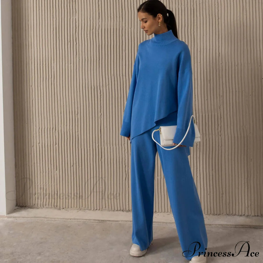 High Neck Bell Sleeve Sweater Wide Sophisticated Leg Pants Matching Set - Chestnut M / Royal Blue