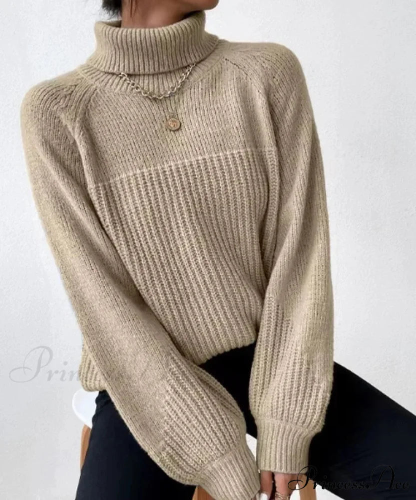 High-neck Crisscross Jacquard Pullover Khaki / S swraters-241228