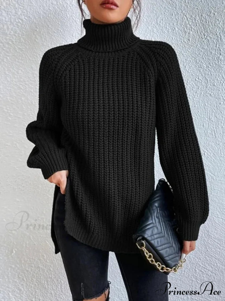 High-neck Divided Knitted Chunky Jumper Black / S swraters-241228