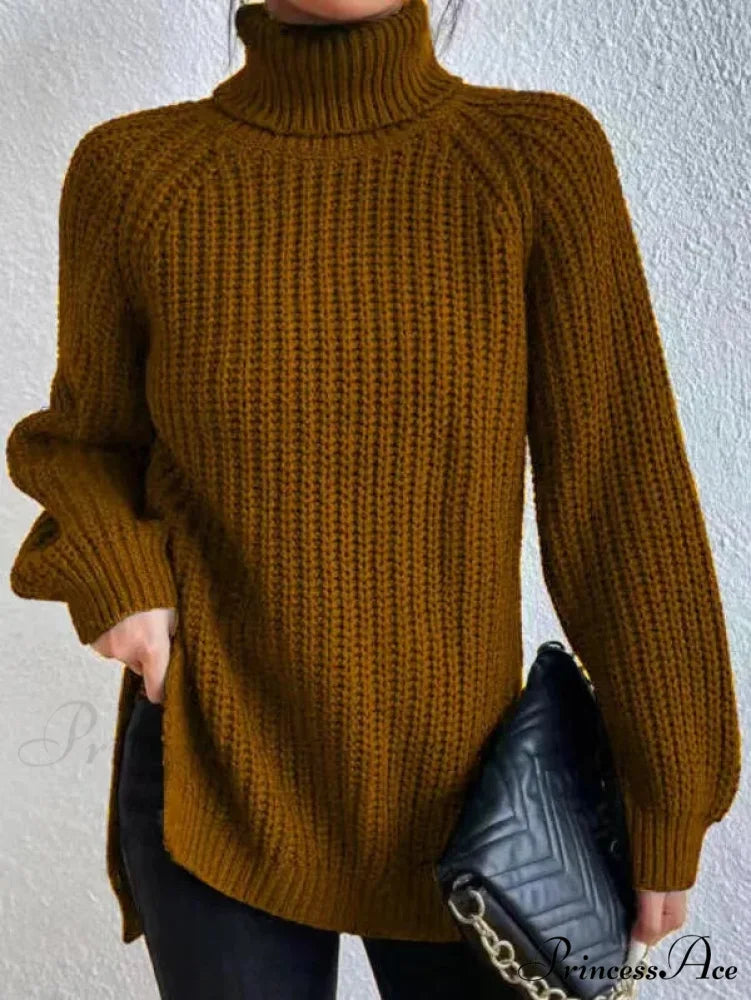 High-neck Divided Knitted Chunky Jumper Brown / S swraters-241228