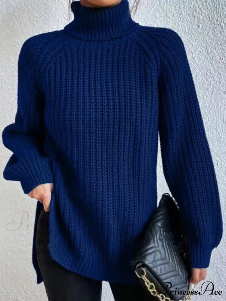 High-neck Divided Knitted Chunky Jumper Dark Blue / S swraters-241228