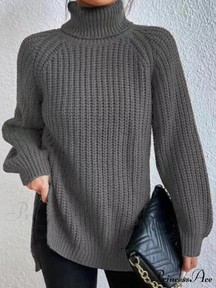 High-neck Divided Knitted Chunky Jumper dark gery / S swraters-241228