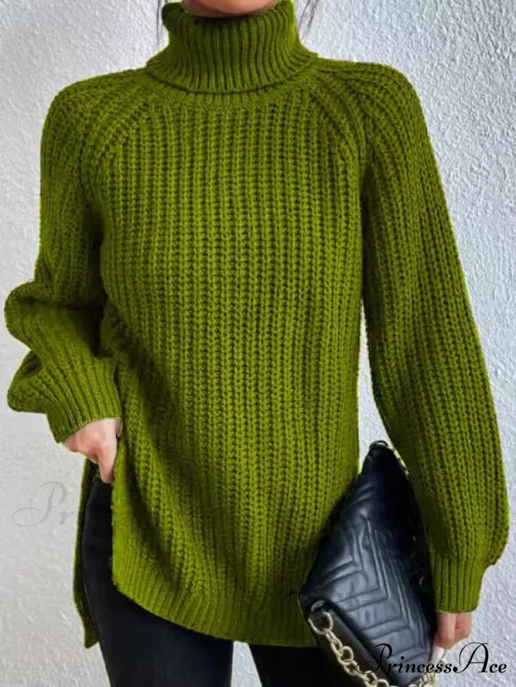 High-neck Divided Knitted Chunky Jumper dark green / S swraters-241228