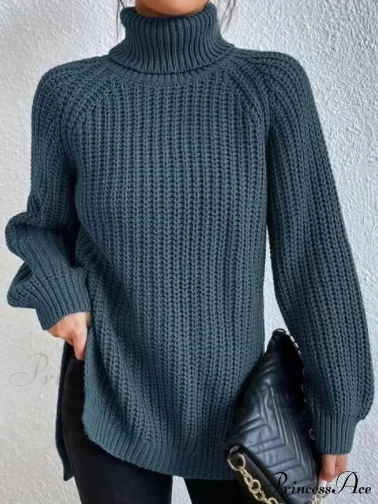 High-neck Divided Knitted Chunky Jumper Gray-blue / S swraters-241228