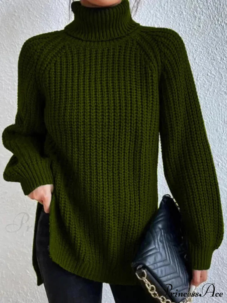 High-neck Divided Knitted Chunky Jumper Green / S swraters-241228