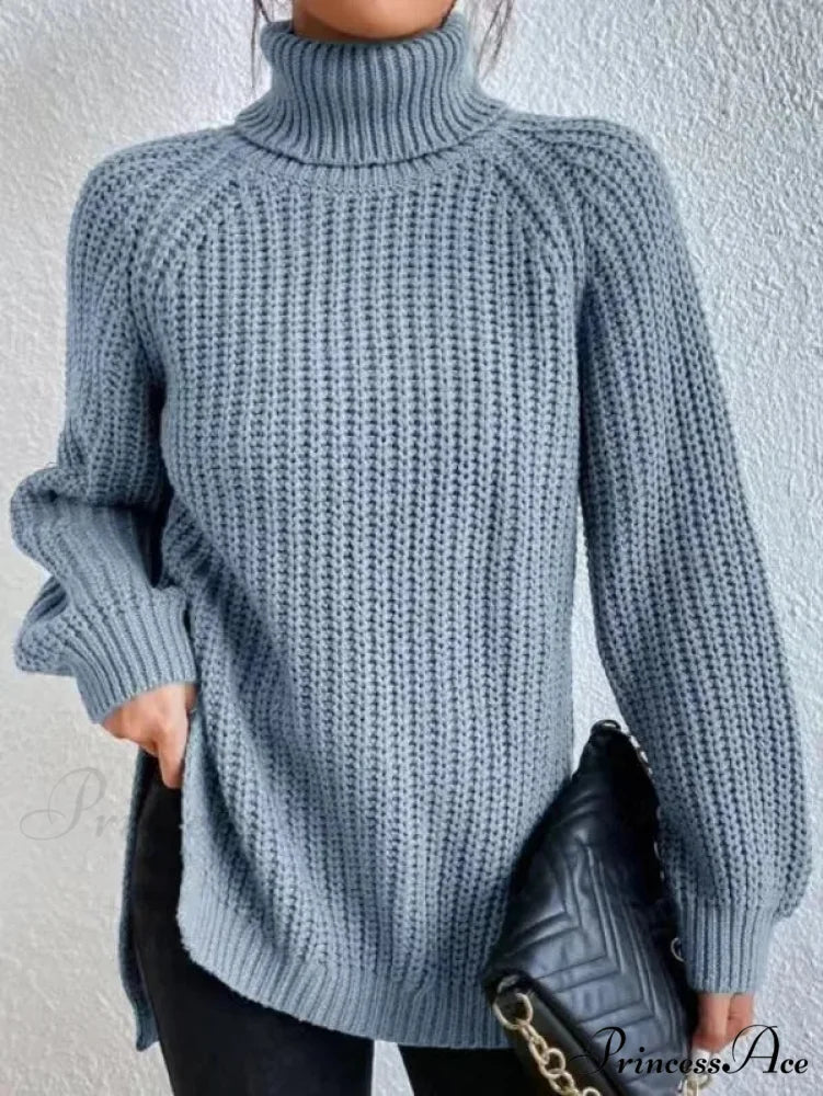 High-neck Divided Knitted Chunky Jumper light blue / S swraters-241228