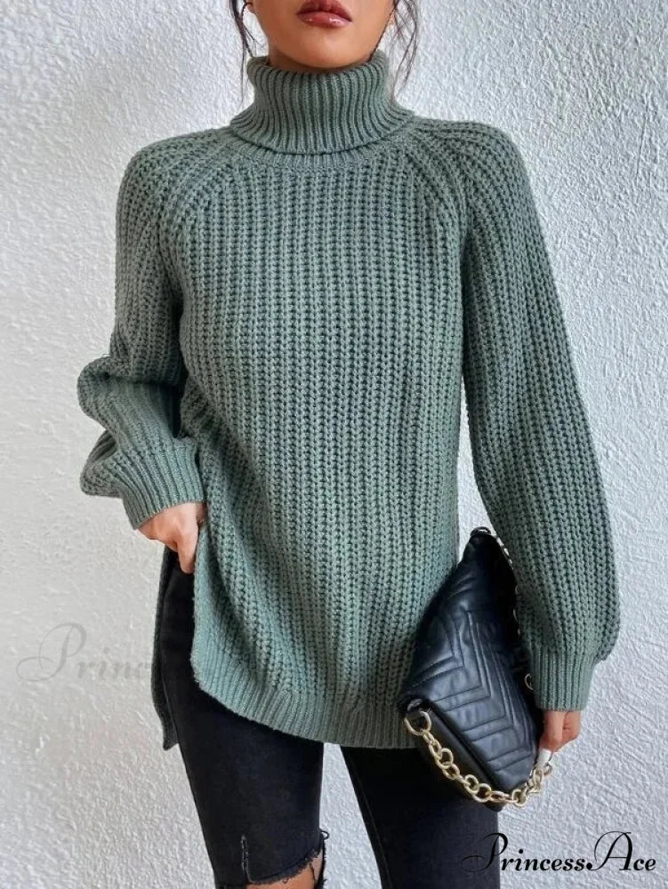 High-neck Divided Knitted Chunky Jumper light green / S swraters-241228