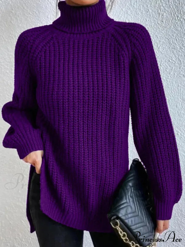 High-neck Divided Knitted Chunky Jumper Purple / S swraters-241228