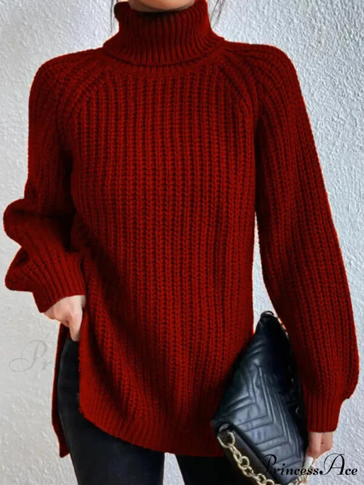 High-neck Divided Knitted Chunky Jumper Red / S swraters-241228