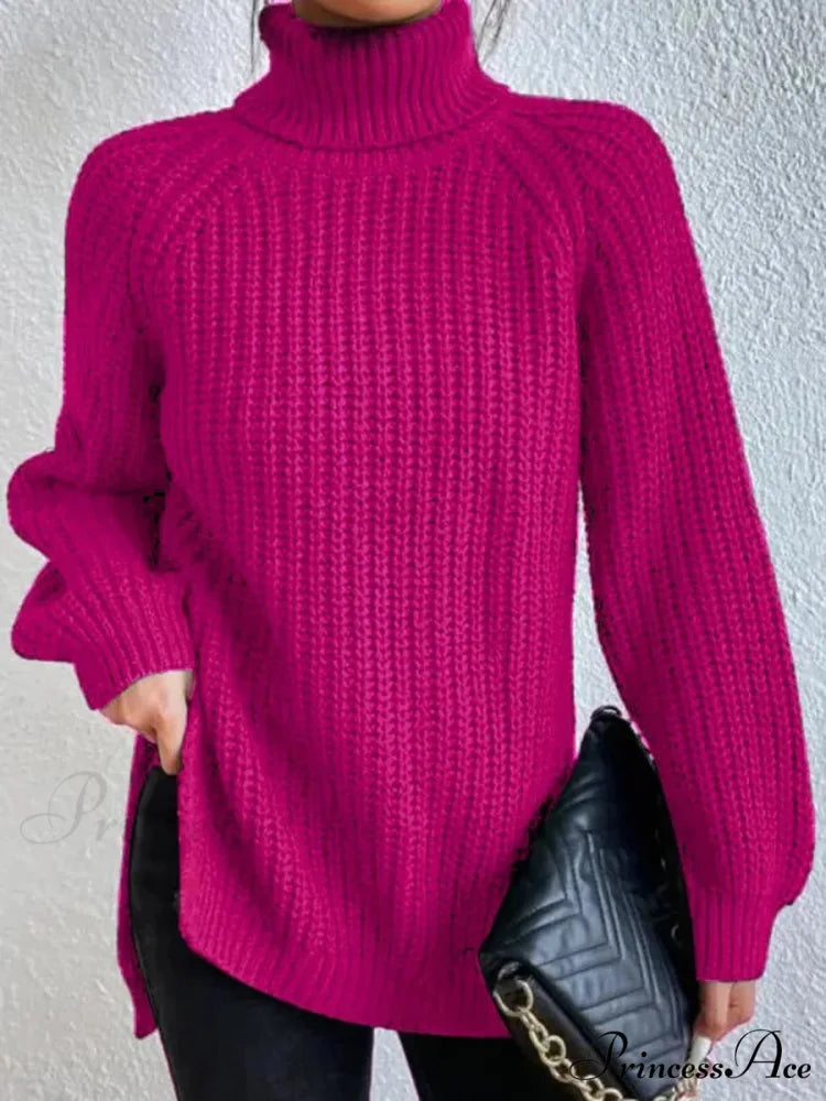 High-neck Divided Knitted Chunky Jumper rose red / S swraters-241228