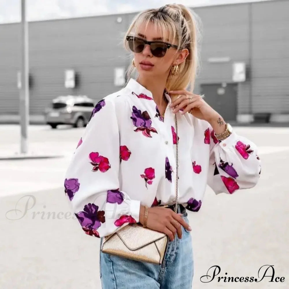 High Neck Flower Pattern Puff Sleeve Top blouse-250126