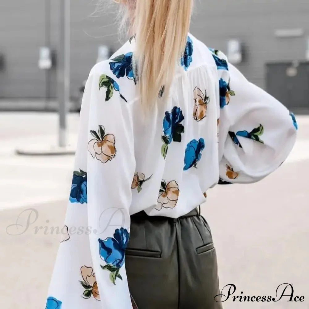 High Neck Flower Pattern Puff Sleeve Top blouse-250126