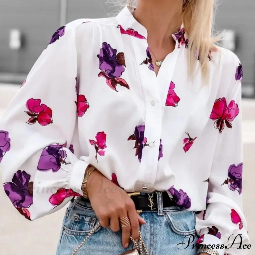 High Neck Flower Pattern Puff Sleeve Top blouse-250126