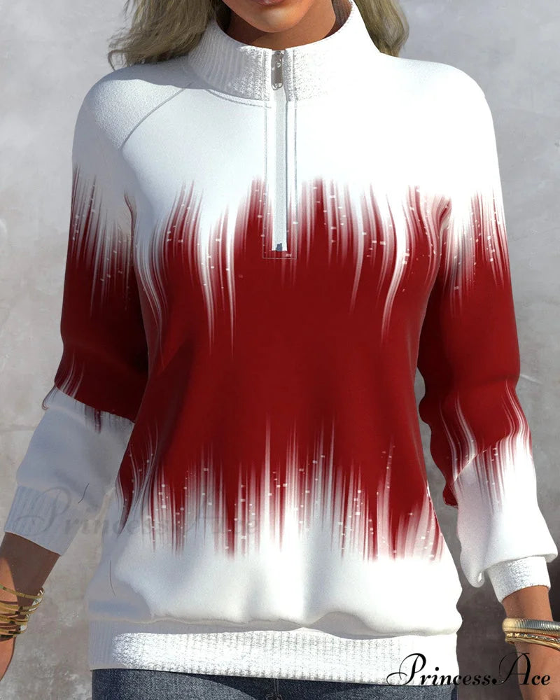 High Neck Gradient Design Sweatshirt Red / S