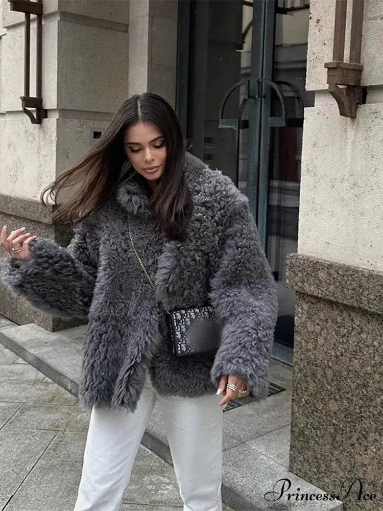 High Neck Grey Cozy Puffy Jacket Dark gray / S coats-241228