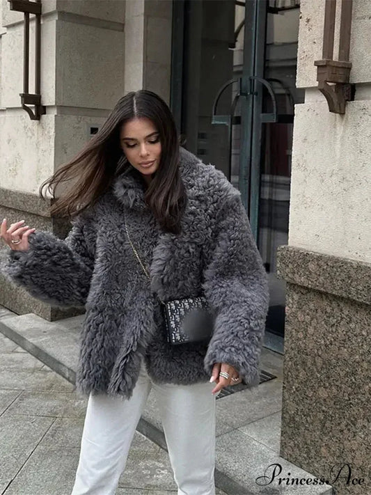 High Neck Grey Cozy Puffy Jacket Dark gray / S coats-241228