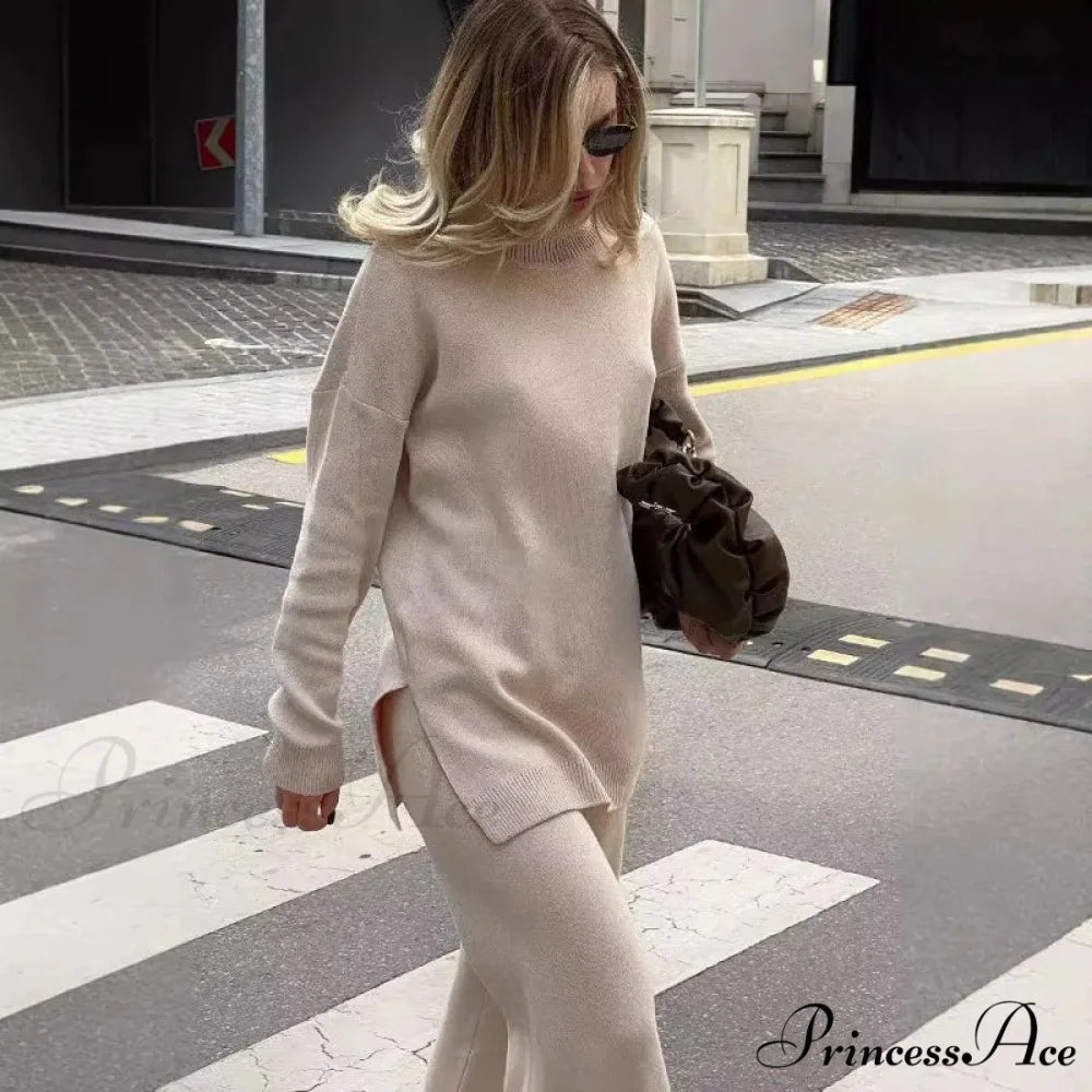 High-neck Informal Long-Sleeved Knitted Jumper Apricot / S swraters-241228