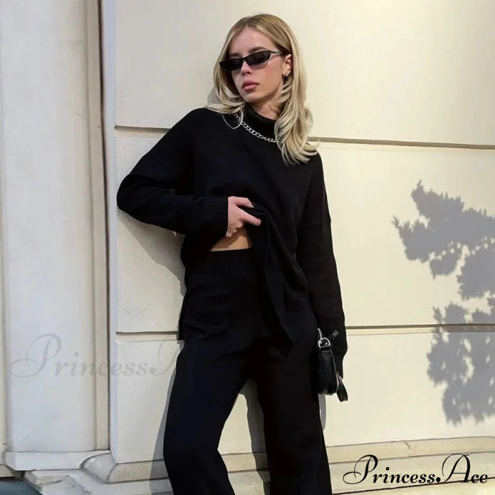 High-neck Informal Long-Sleeved Knitted Jumper Black / S swraters-241228