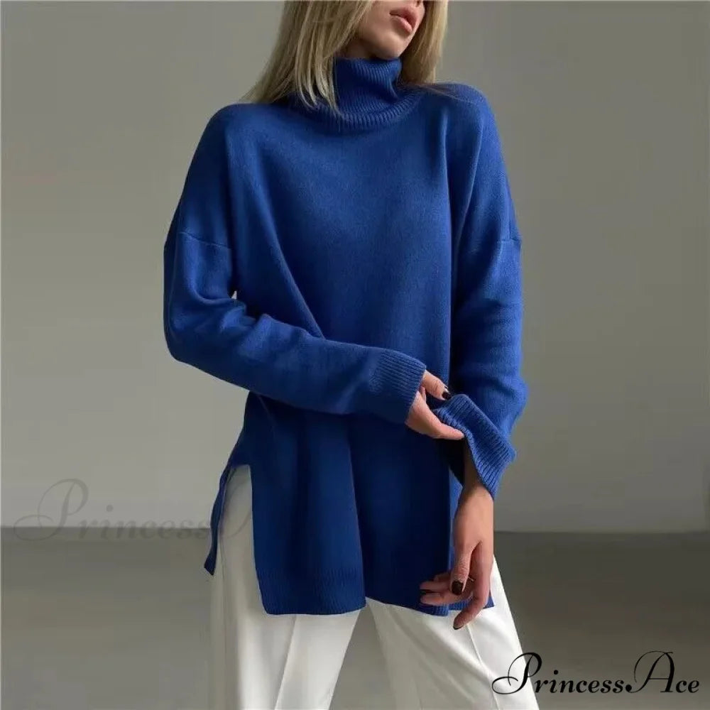 High-neck Informal Long-Sleeved Knitted Jumper Blue / S swraters-241228