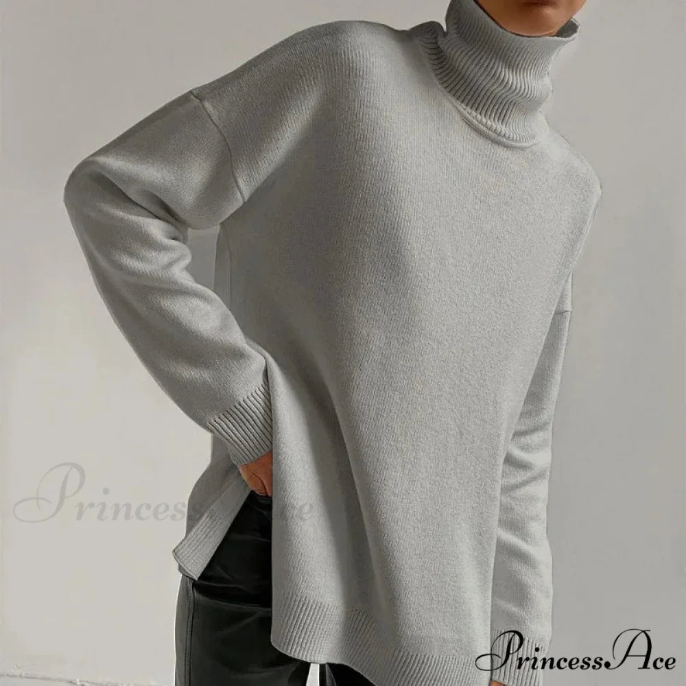 High-neck Informal Long-Sleeved Knitted Jumper GRAY / S swraters-241228