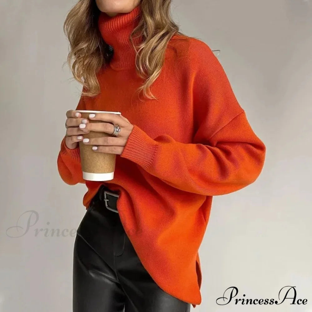 High-neck Informal Long-Sleeved Knitted Jumper Orange / S swraters-241228