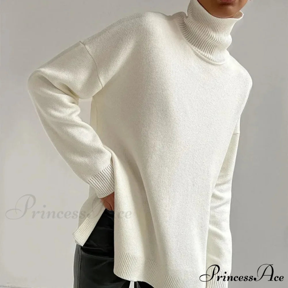 High-neck Informal Long-Sleeved Knitted Jumper WHITE / S swraters-241228