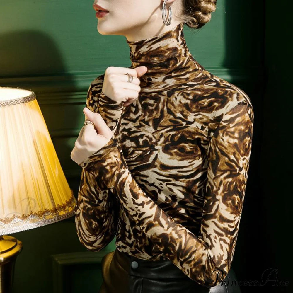 High-neck Leopard Print Mesh T-shirt